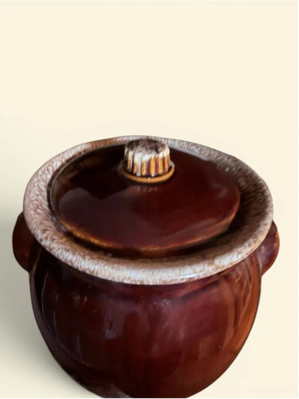 Vintage Hull Oven Proof Bean Pot w Lid Brown Drip Glaze USA 7” Farmhouse Crock
